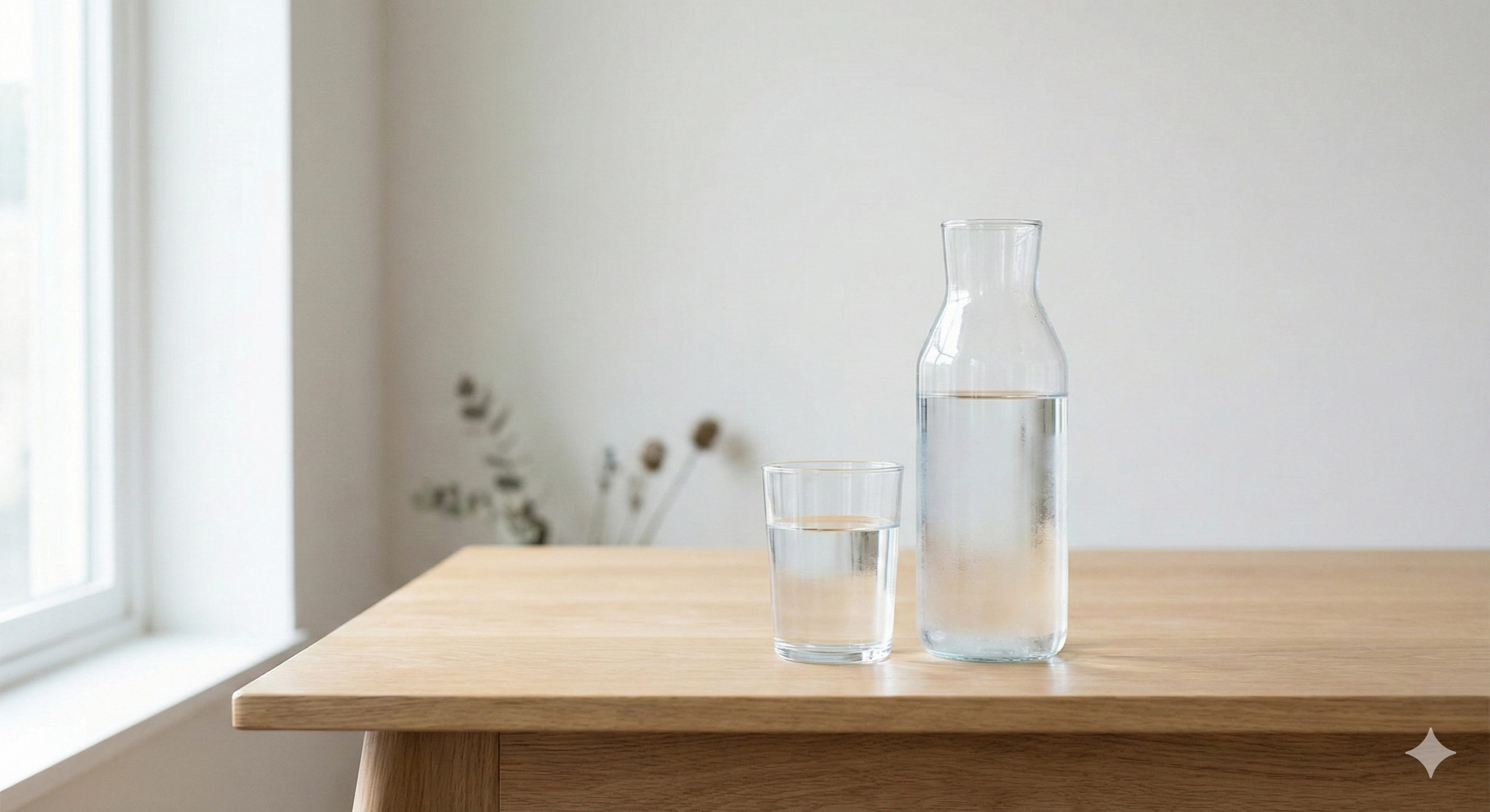 water cup on top of a table with light coming through the window